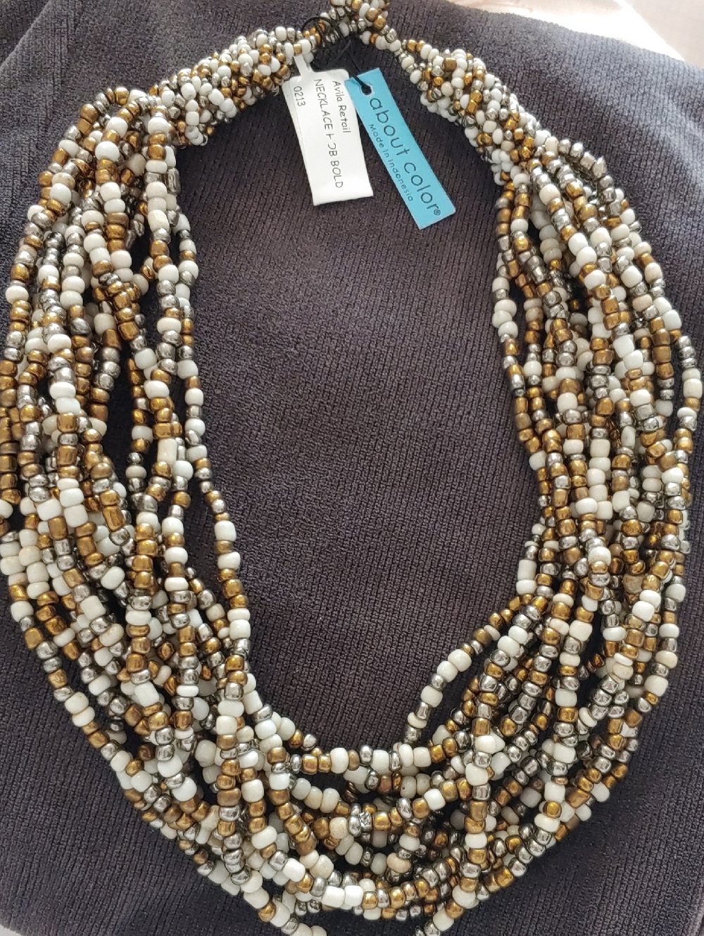 Multi-Strand Beaded Necklace in White, Gold & Silver